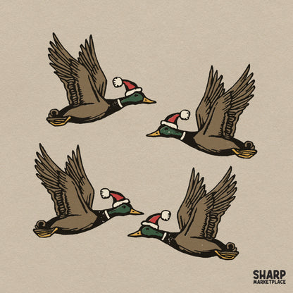 Flying mallard ducks wearing Santa hats festive Christmas sublimation PNG design for holiday shirts and hunting apparel