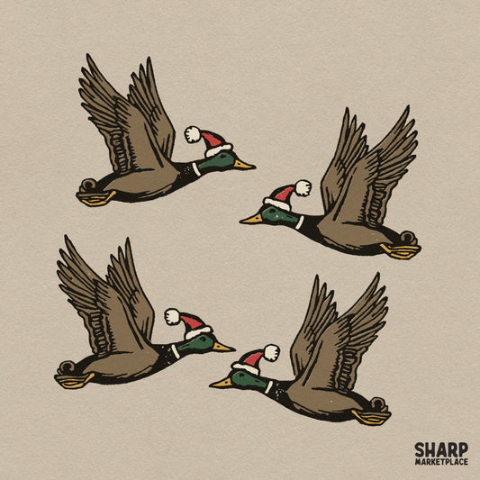 Flying mallard ducks wearing Santa hats festive Christmas sublimation PNG design for holiday shirts and hunting apparel