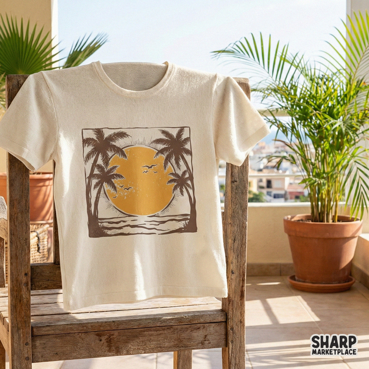 Coastal sunset illustration with palm trees and a flock of birds, ideal for creating custom t-shirts, stickers, or beach-themed wall art.