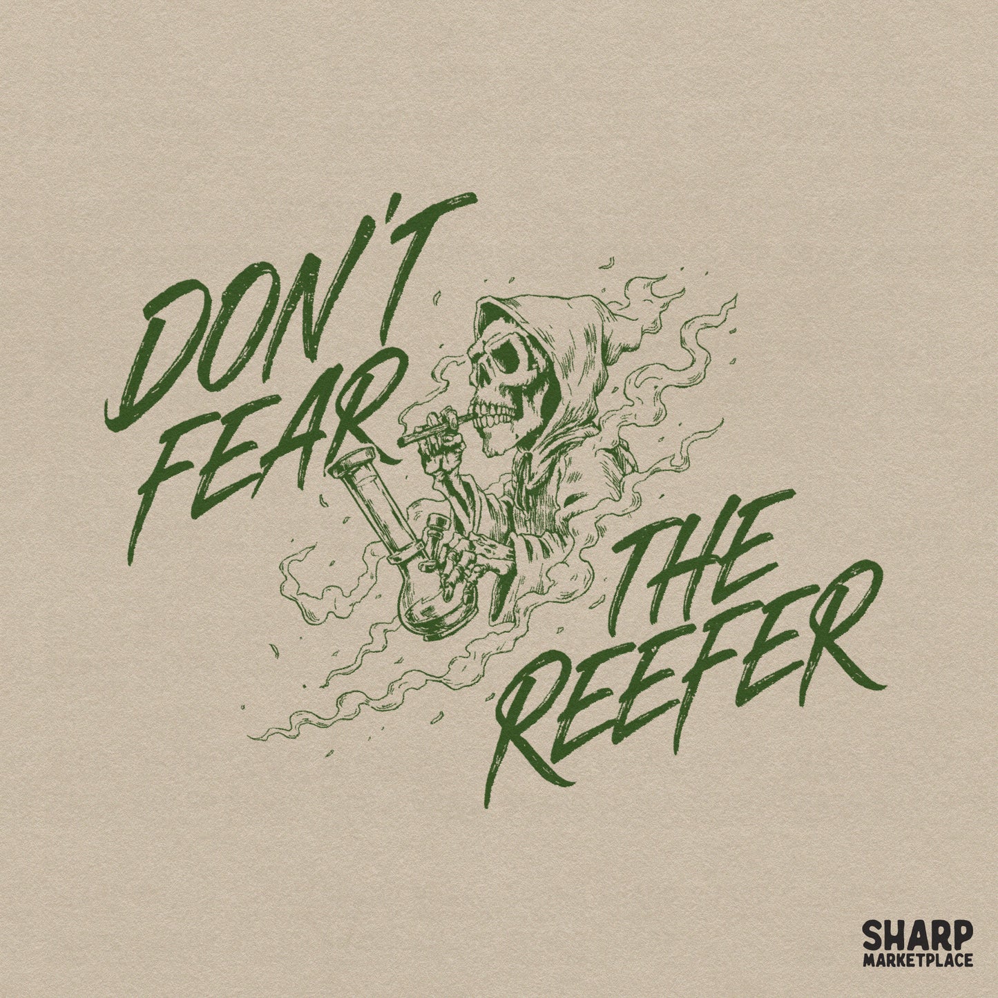 Green Grim Reaper smoking a bong with 420 weed aesthetic, spooky marijuana skeleton digital PNG for Halloween stoner shirts