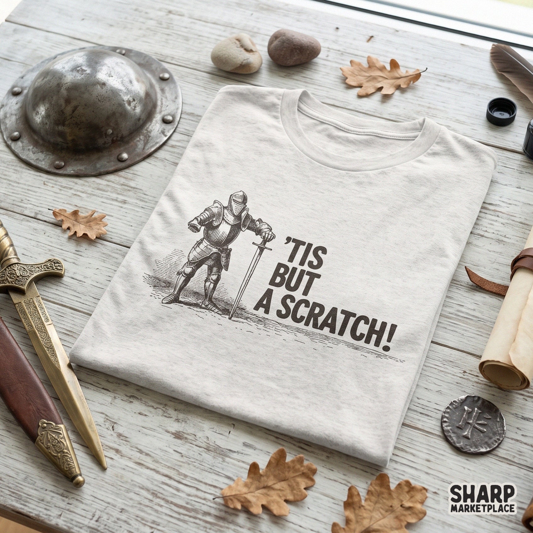 Funny medieval knight meme Tis But A Scratch retro sarcastic sublimation design for Fathers Day shirts and stickers
