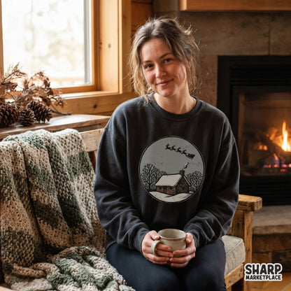 Rustic winter cabin with flying Santa sleigh block print art for retro Christmas PNG shirts