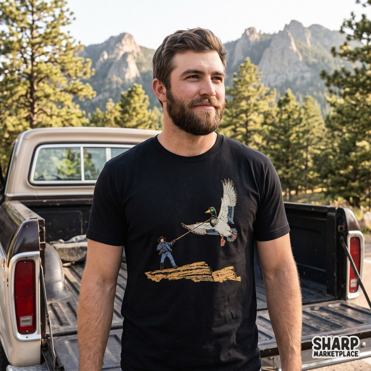 Surreal western cowboy lassoing a giant mallard duck retro PNG design for t-shirts and funny animal meme apparel