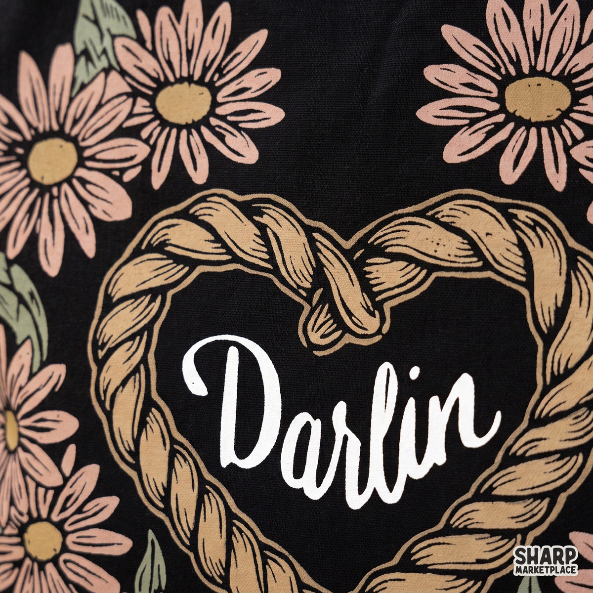 Darlin western PNG design featuring a rope heart border with pink daisies for country cowgirl t-shirts