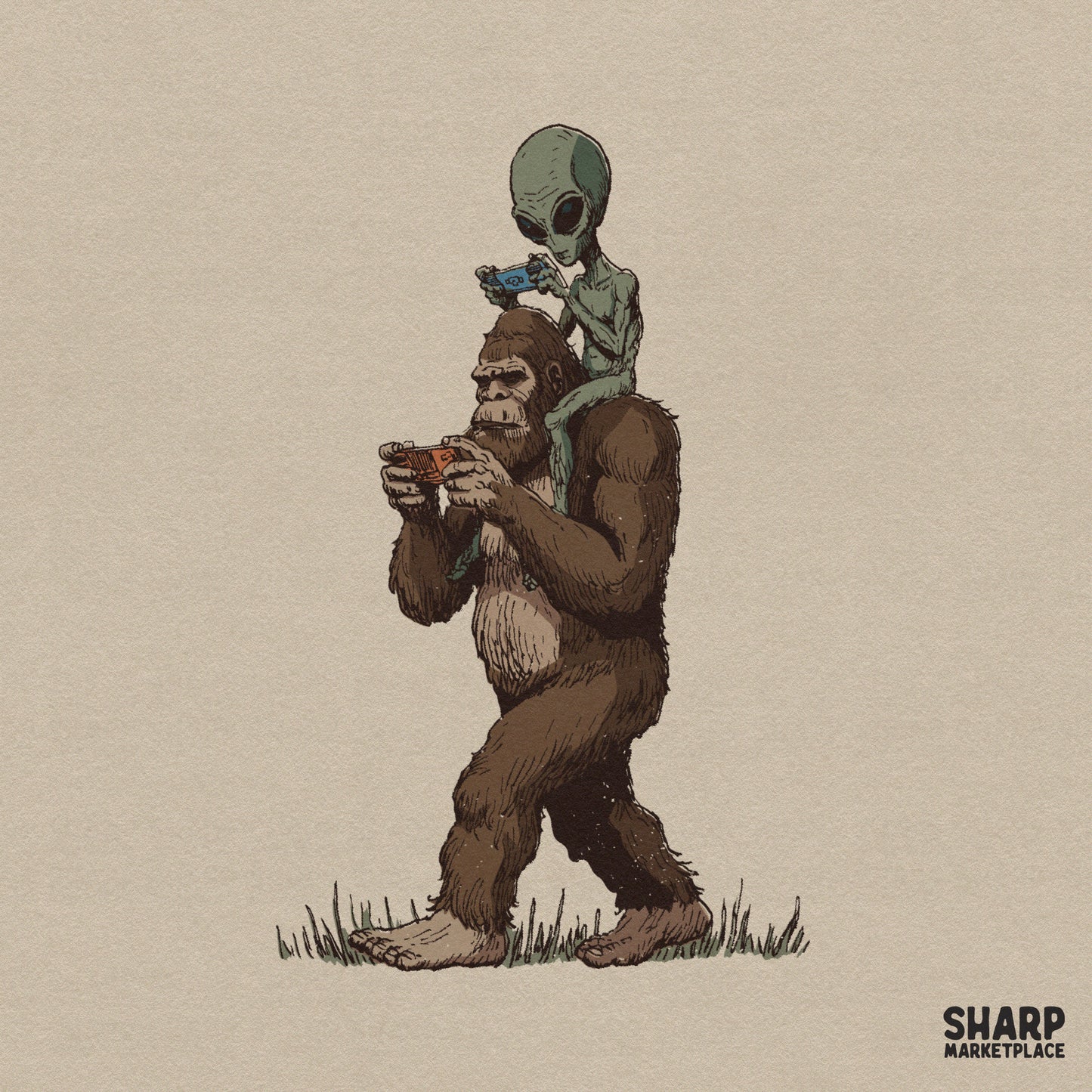 Funny Bigfoot carrying an alien gamer sketch in a retro vintage style for sublimation and custom apparel designs