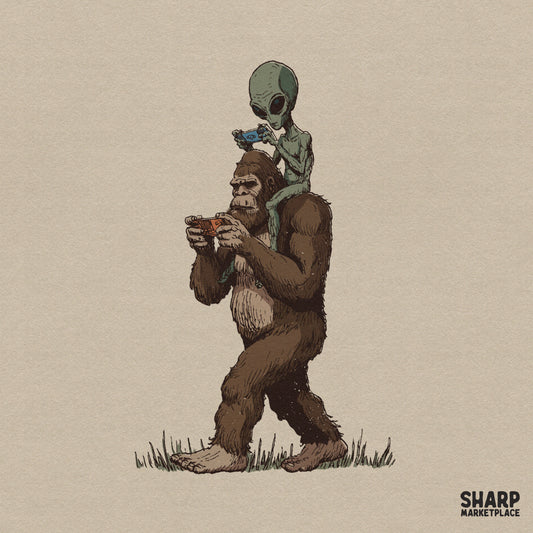 Funny Bigfoot carrying an alien gamer sketch in a retro vintage style for sublimation and custom apparel designs