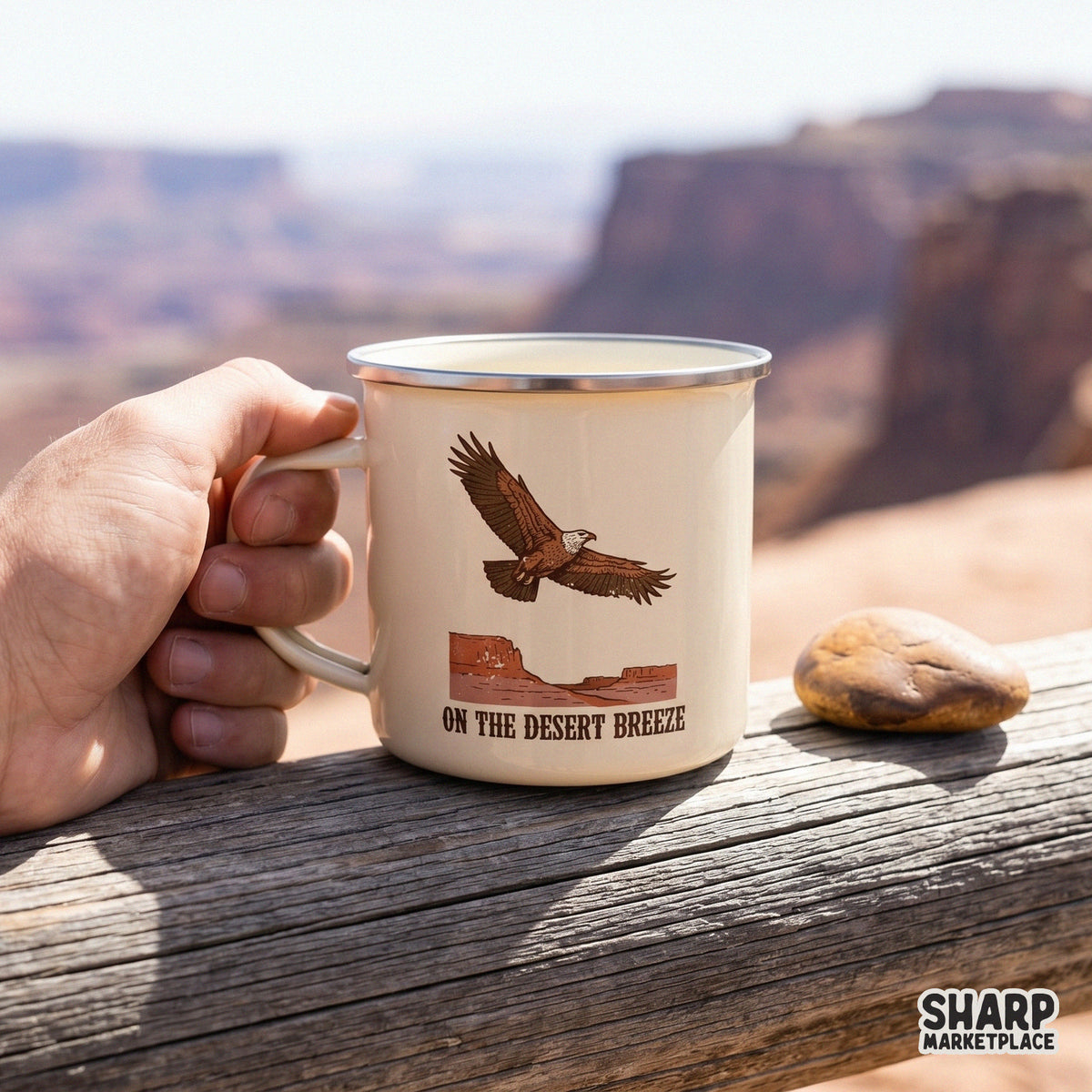 Retro style eagle and canyon illustration with earth tones and distressed typography, ideal for DIY apparel, tumblers, and nature-themed prints.