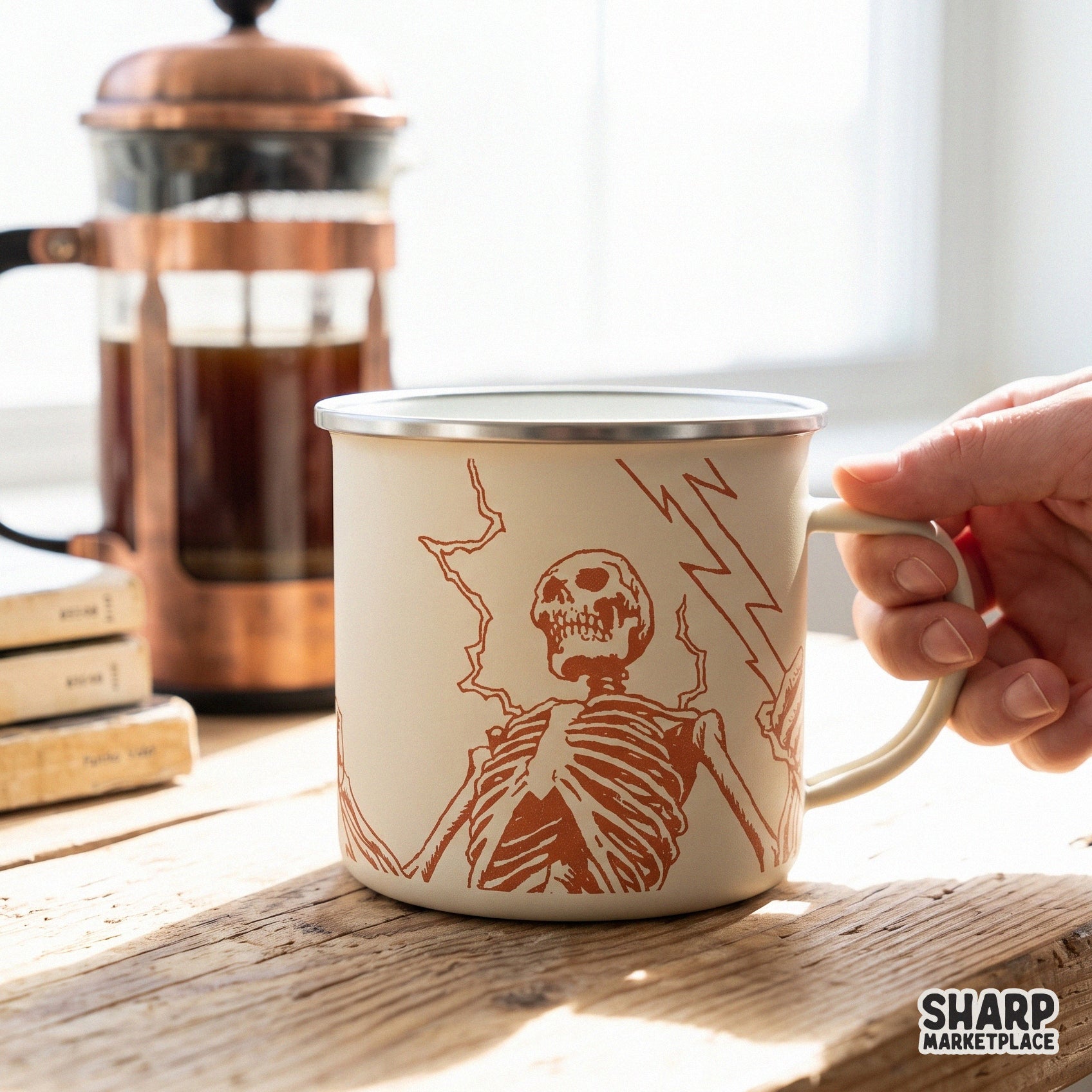 Edgy goth electric skeleton holding lightning bolts, retro sublimation design for trendy spooky season Halloween PNG shirts