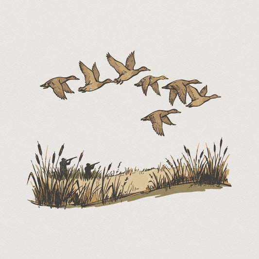 Vintage style marsh scene featuring a flock of wild ducks flying over two hunters hidden in cattails, perfect for rustic apparel and wall art.