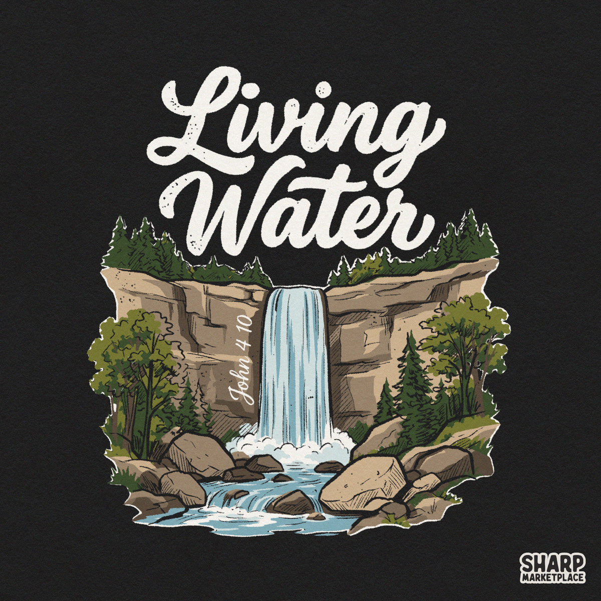 Retro Living Water John 4:10 Christian PNG graphic with a nature waterfall vibe for faith-based apparel and t-shirts