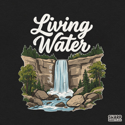 Retro Living Water John 4:10 Christian PNG graphic with a nature waterfall vibe for faith-based apparel and t-shirts
