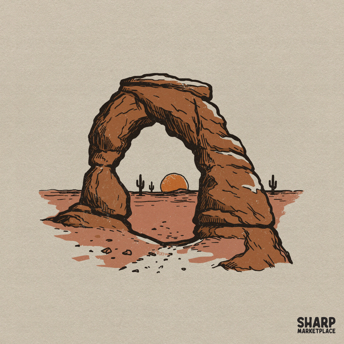 Hand-drawn desert rock arch framing a sunset with saguaro cacti, featuring a rustic terracotta and tan color palette for western-themed DIY projects.