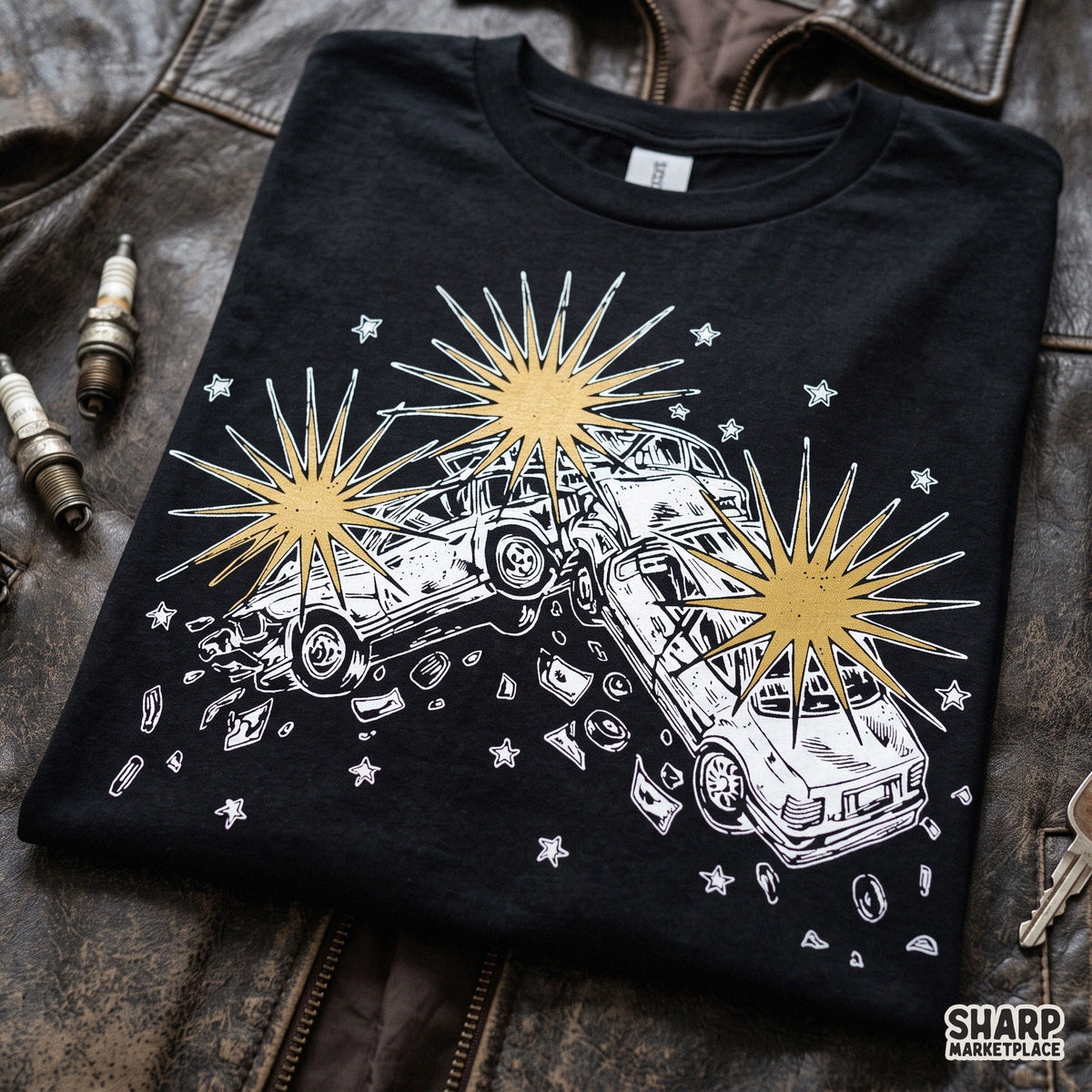 Two retro cars colliding head on with large yellow explosion sparks, vintage cars png design for shirt sublimation
