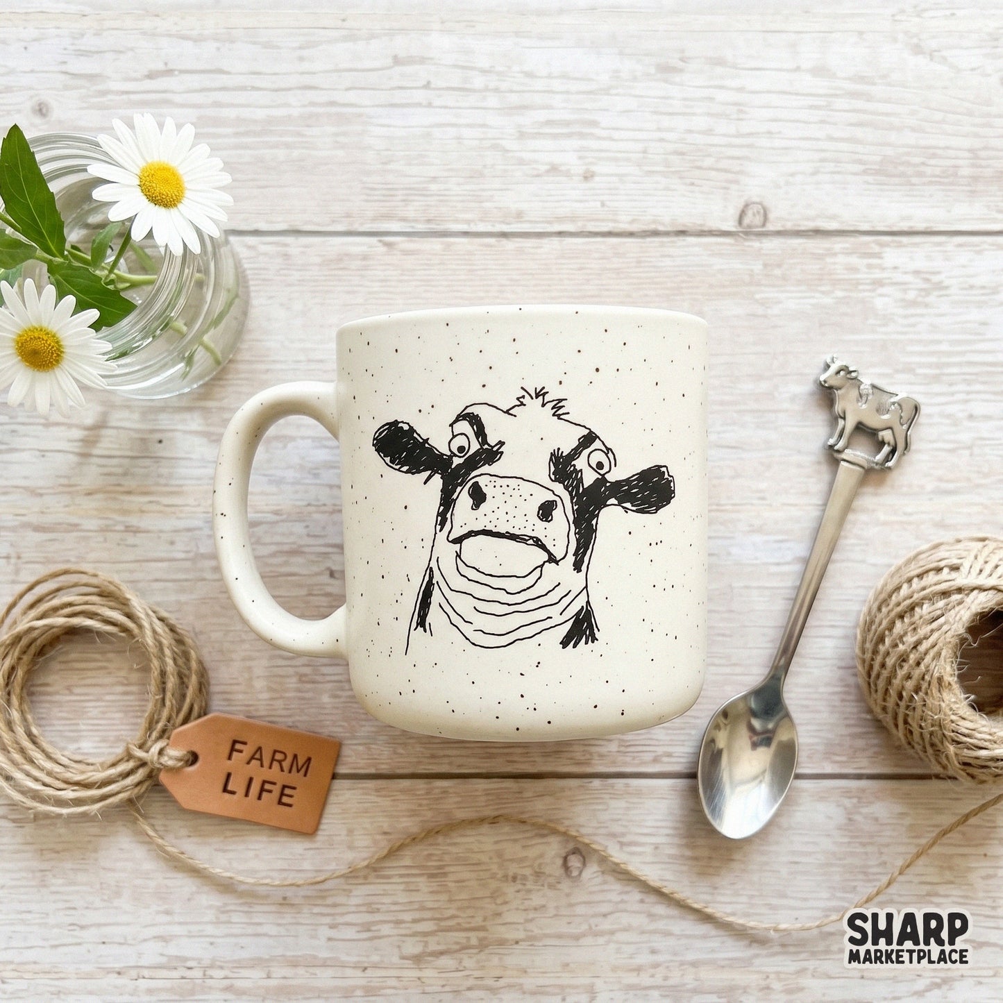 A goofy cow face digital illustration featuring a minimalist doodle style, ideal for custom t-shirt designs, stickers, and farmhouse decor.