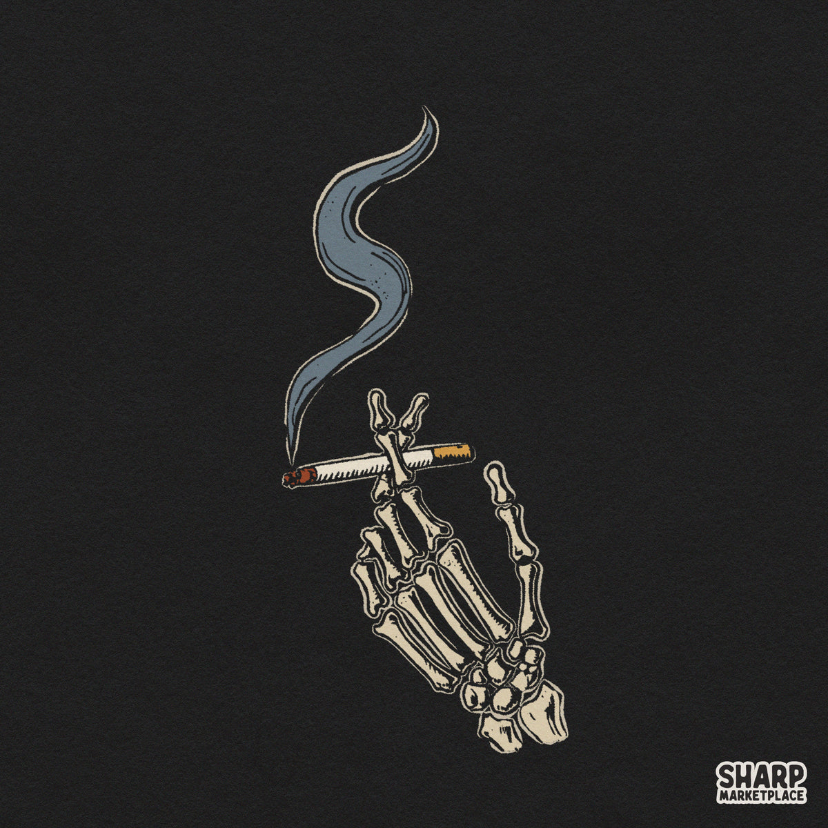 Gothic skeleton hand holding a cigarette digital PNG graphic for spooky season streetwear apparel and t-shirt prints