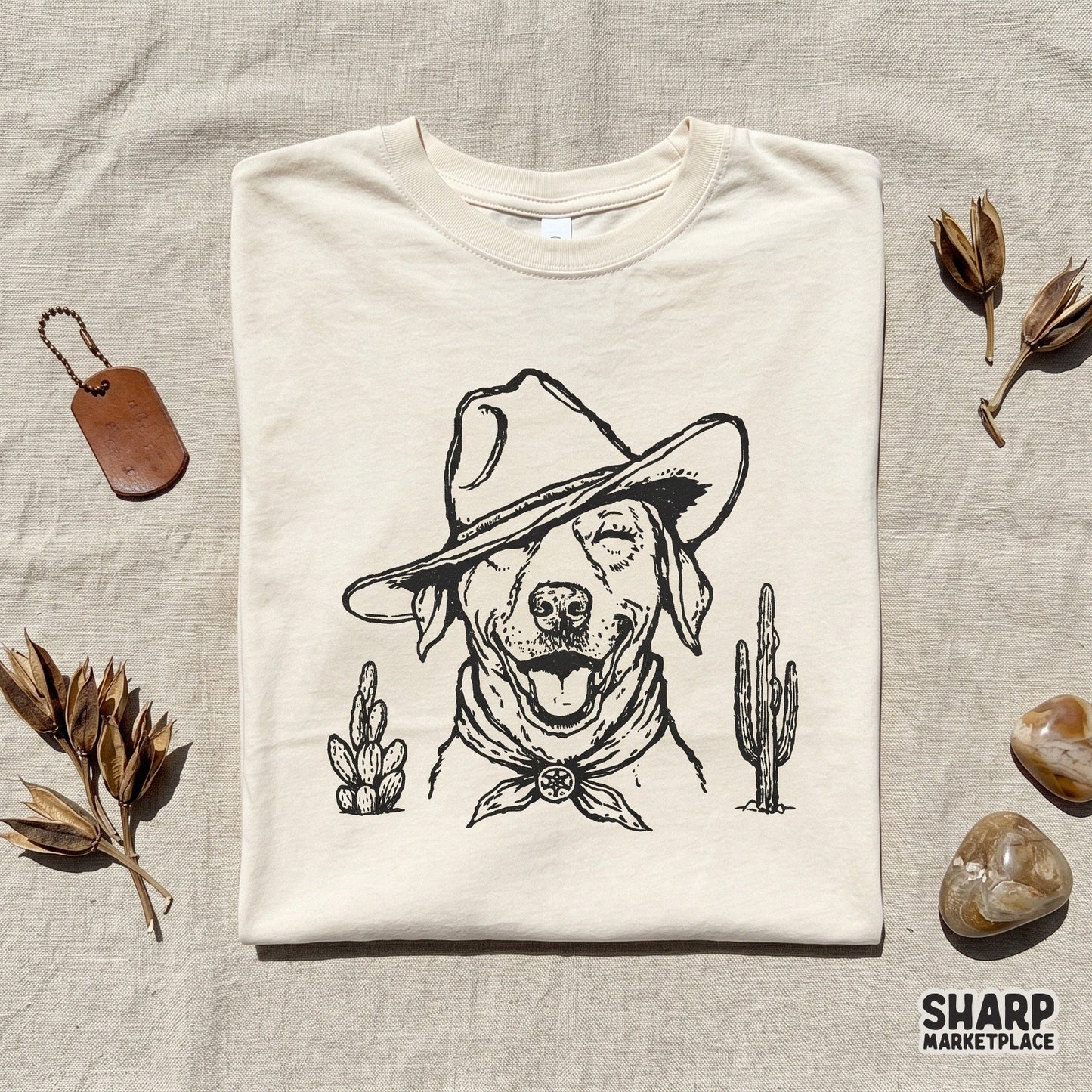 Smiling Cowboy Dog Portrait In Oversized Hat, Funny Western Pup Artwork