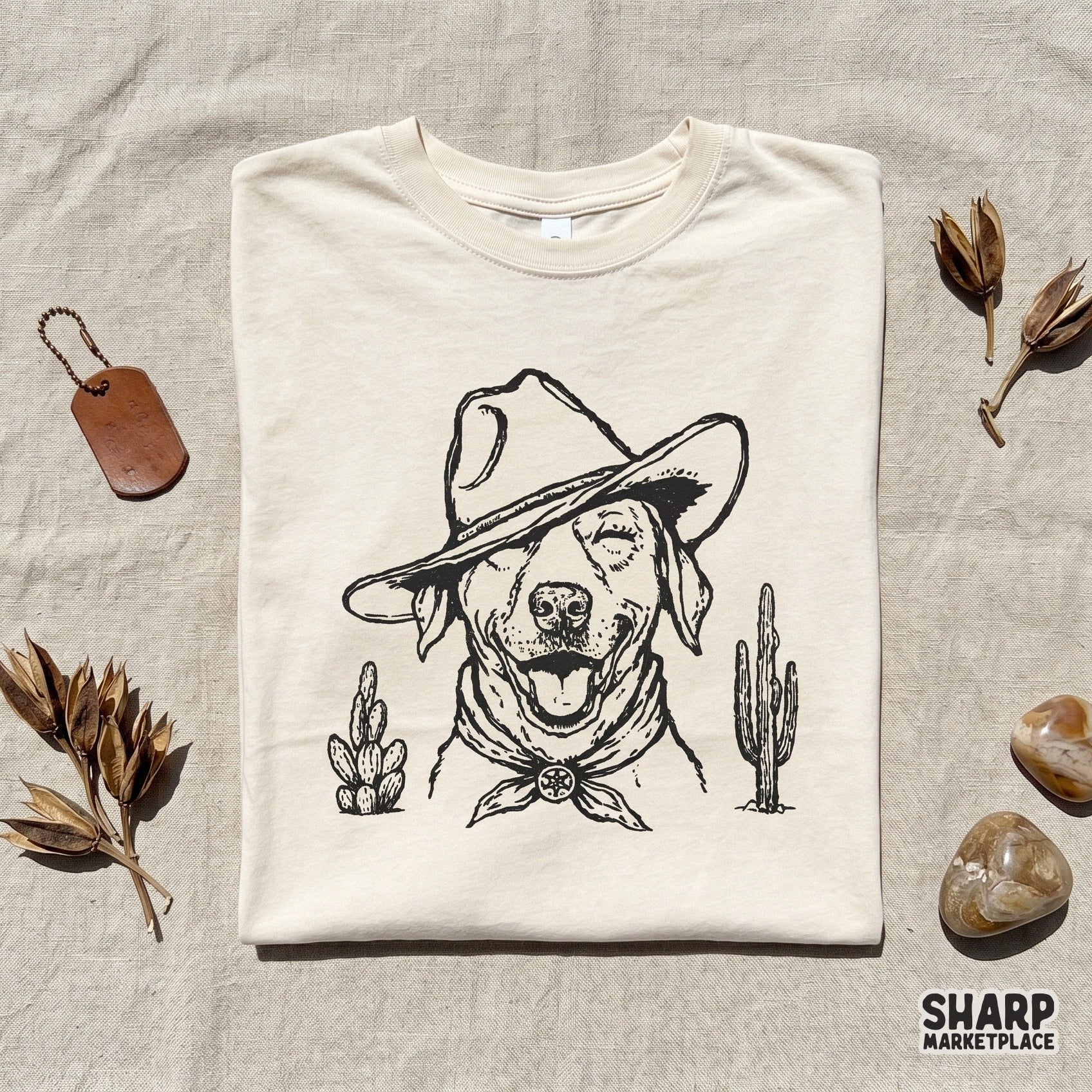 Smiling Cowboy Dog Portrait In Oversized Hat, Funny Western Pup Artwork