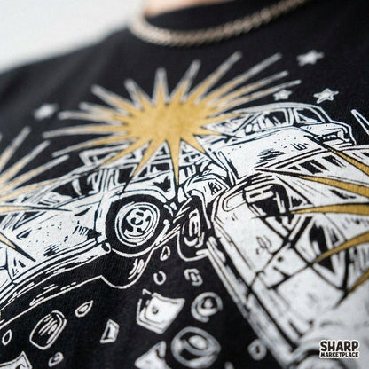 Retro cars colliding head on with yellow explosion sparks design for racing t-shirts and sublimation projects