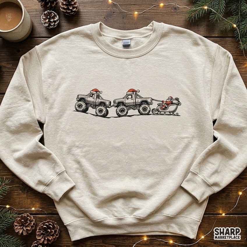 Lifted pickup truck pulling Santa sleigh western Christmas sublimation PNG design for t-shirts and holiday apparel
