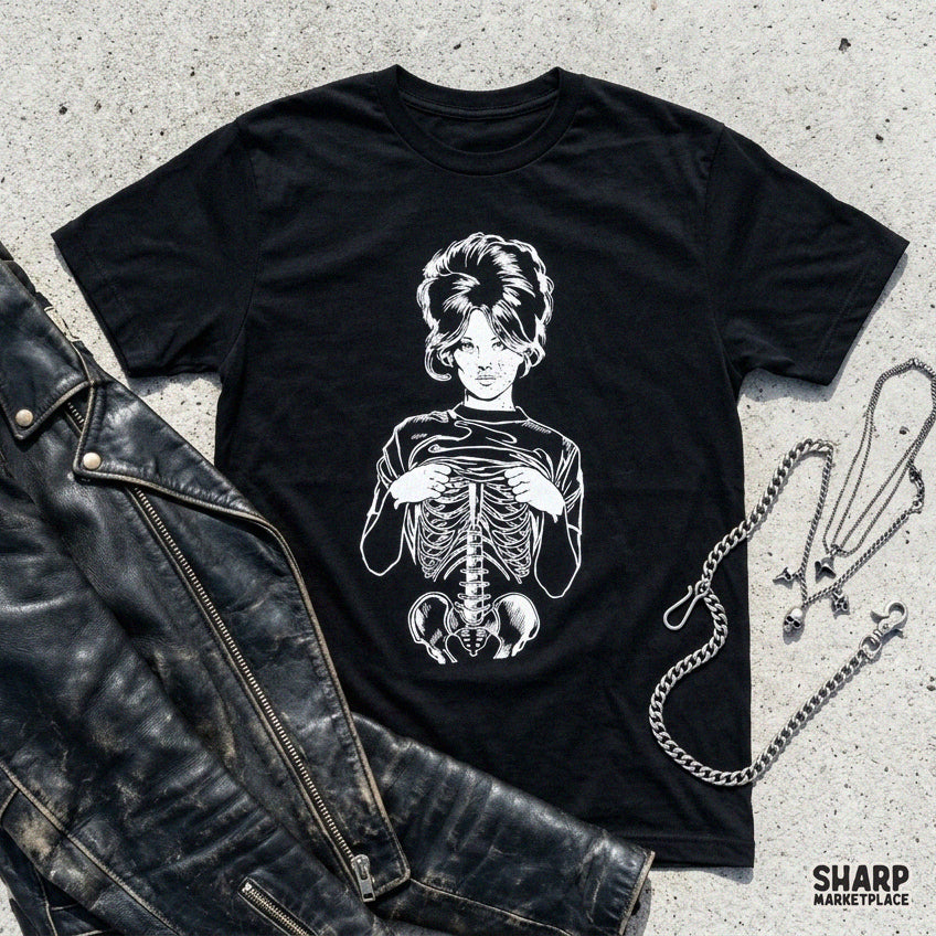 Gothic skeleton girl ripping shirt open showing ribcage anatomy, edgy spooky season PNG design for Halloween shirts