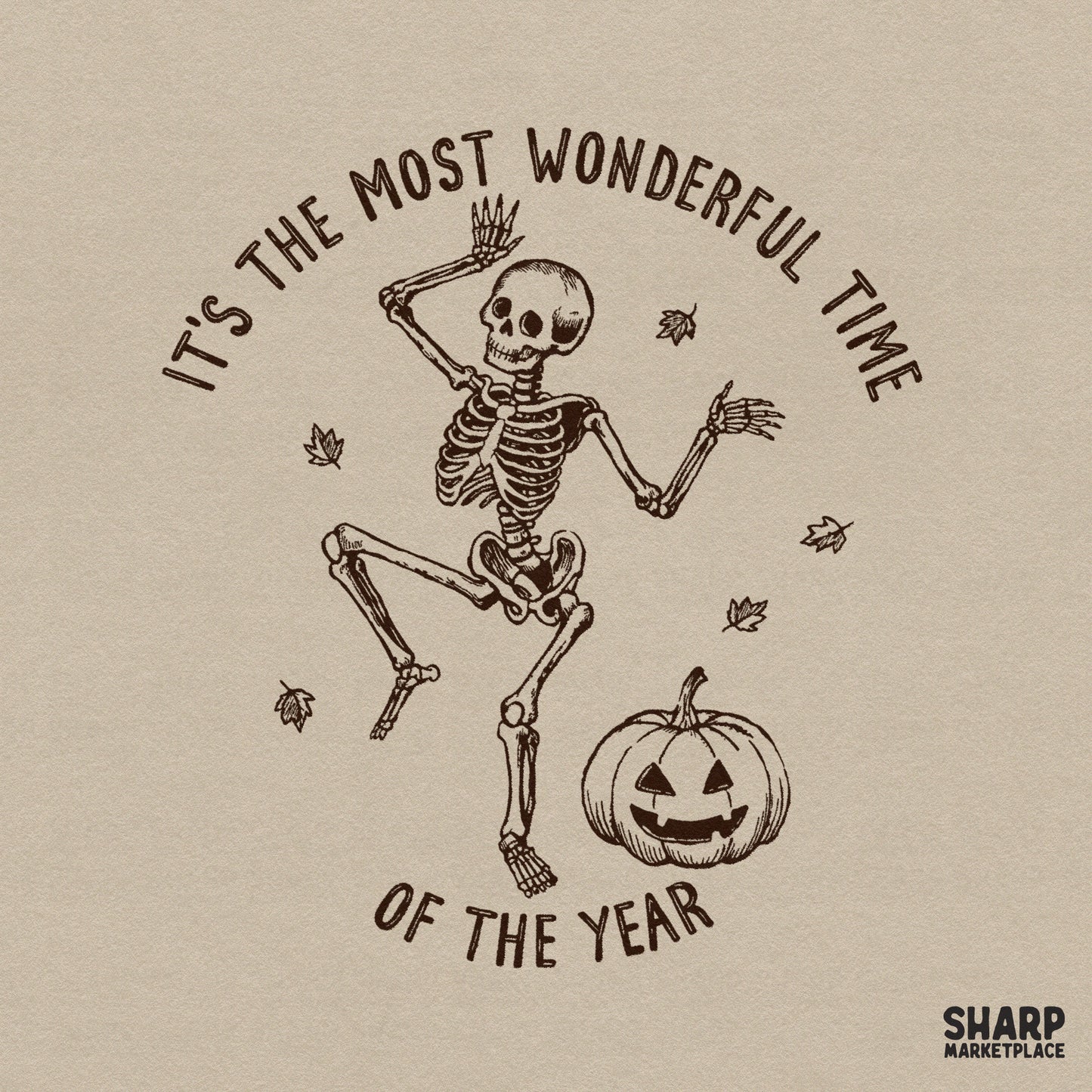 Retro dancing skeleton Halloween PNG with pumpkins and autumn leaves for spooky season apparel designs