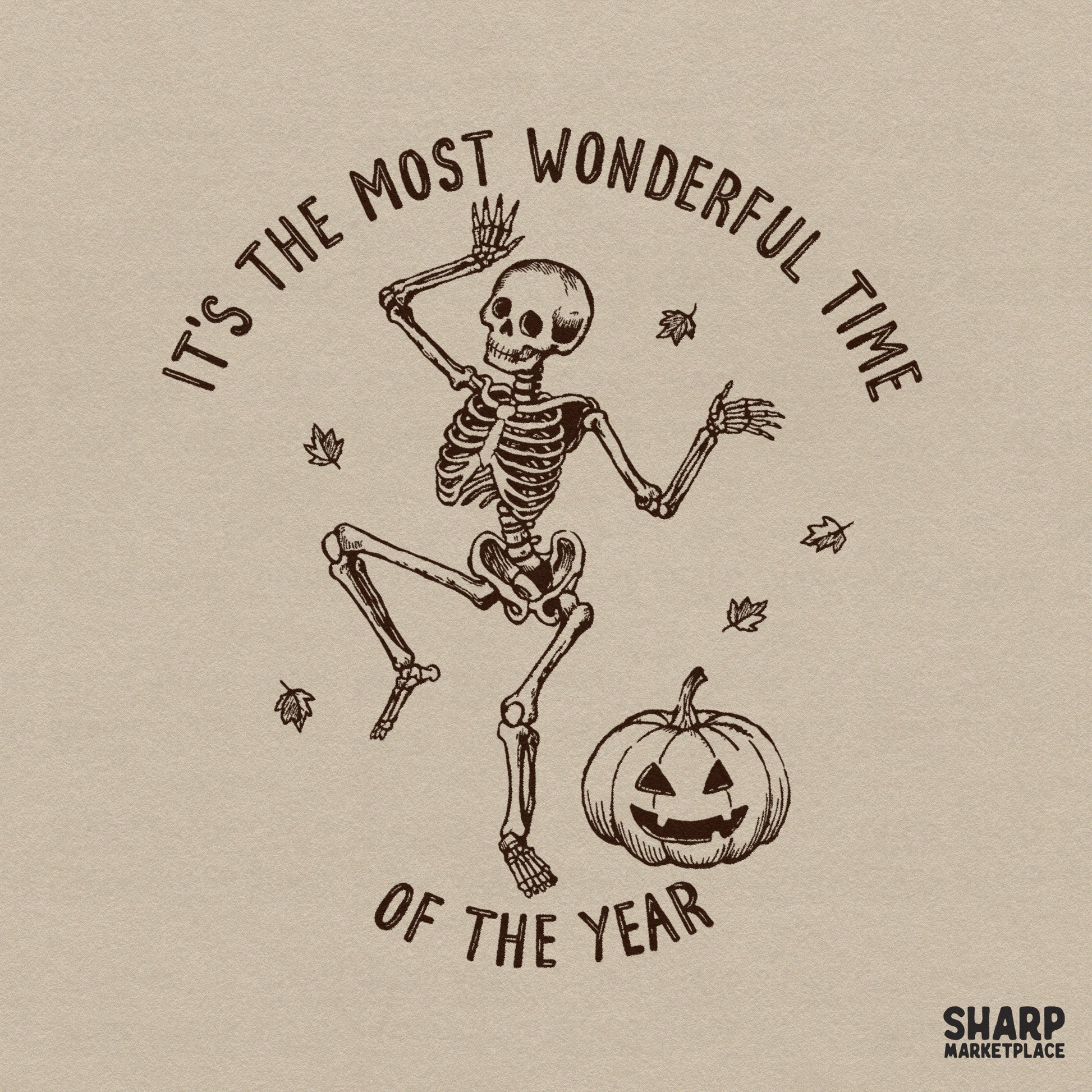 Retro dancing skeleton Halloween PNG with pumpkins and autumn leaves for spooky season apparel designs