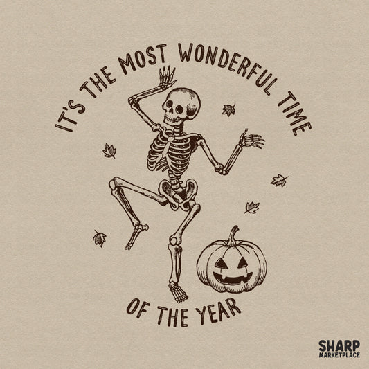 Retro dancing skeleton Halloween PNG with pumpkins and autumn leaves for spooky season apparel designs