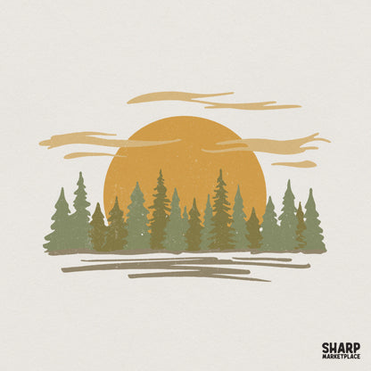 Retro sunset forest graphic featuring a golden sun behind a sage green evergreen tree line with a distressed texture for nature-themed apparel.