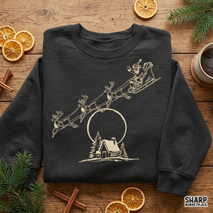 Vintage Midnight Sleigh Flight Scene Across Glowing Full