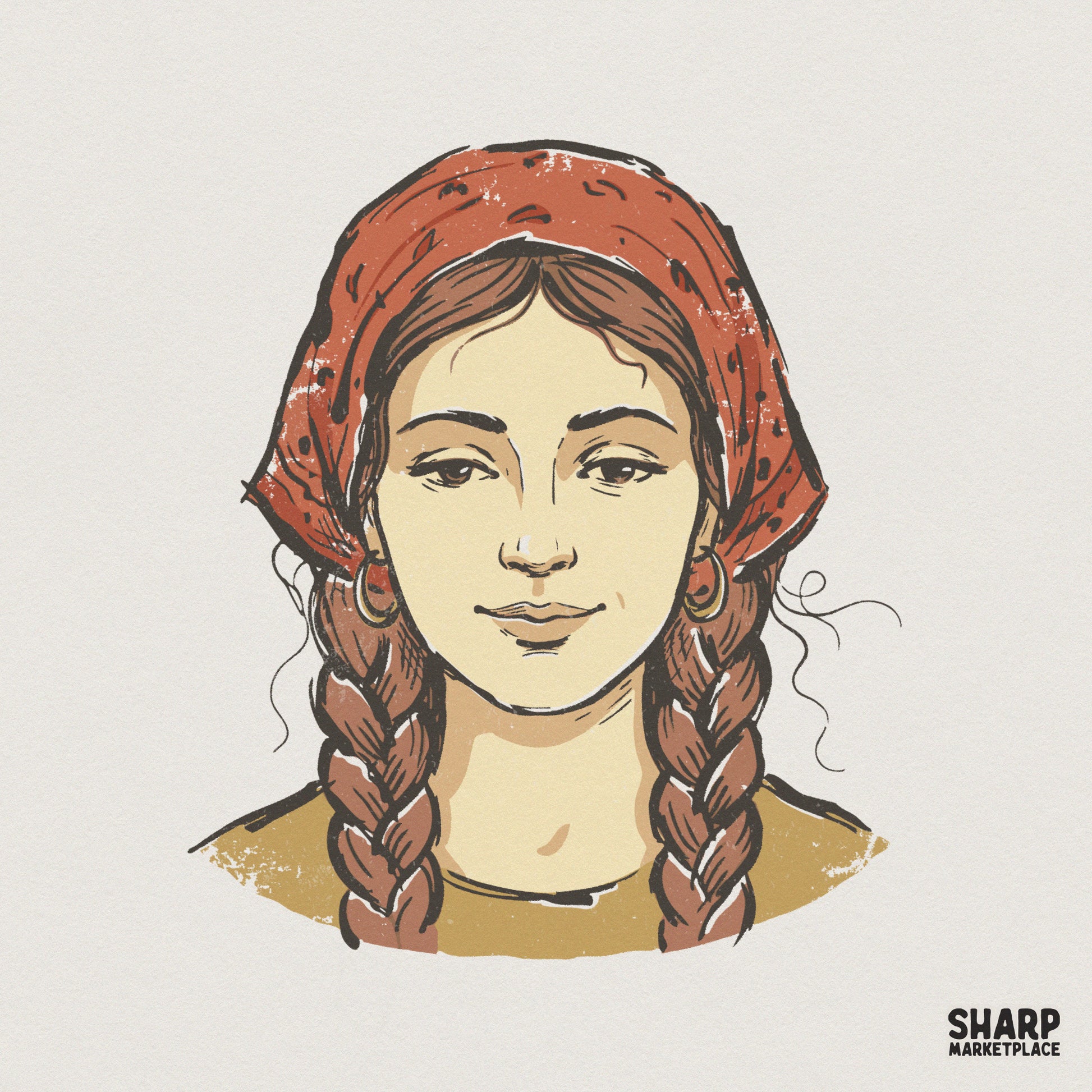 Boho Woman With Braids PNG, Hand Drawn Girl Portrait Art - 300 DPI Design