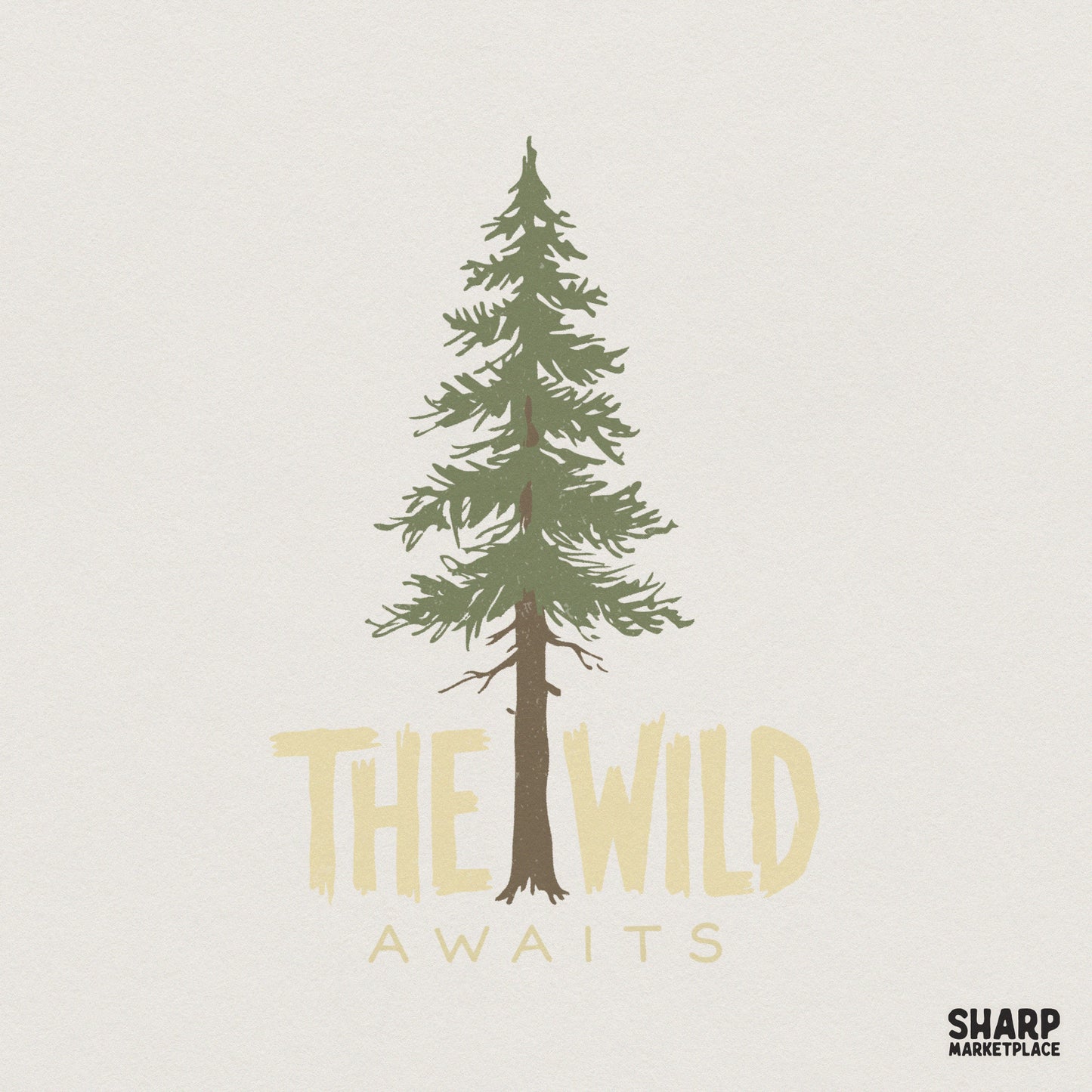 Rustic pine tree illustration with the text The Wild Awaits in a hand-painted cream font, perfect for nature-themed apparel and DIY projects.