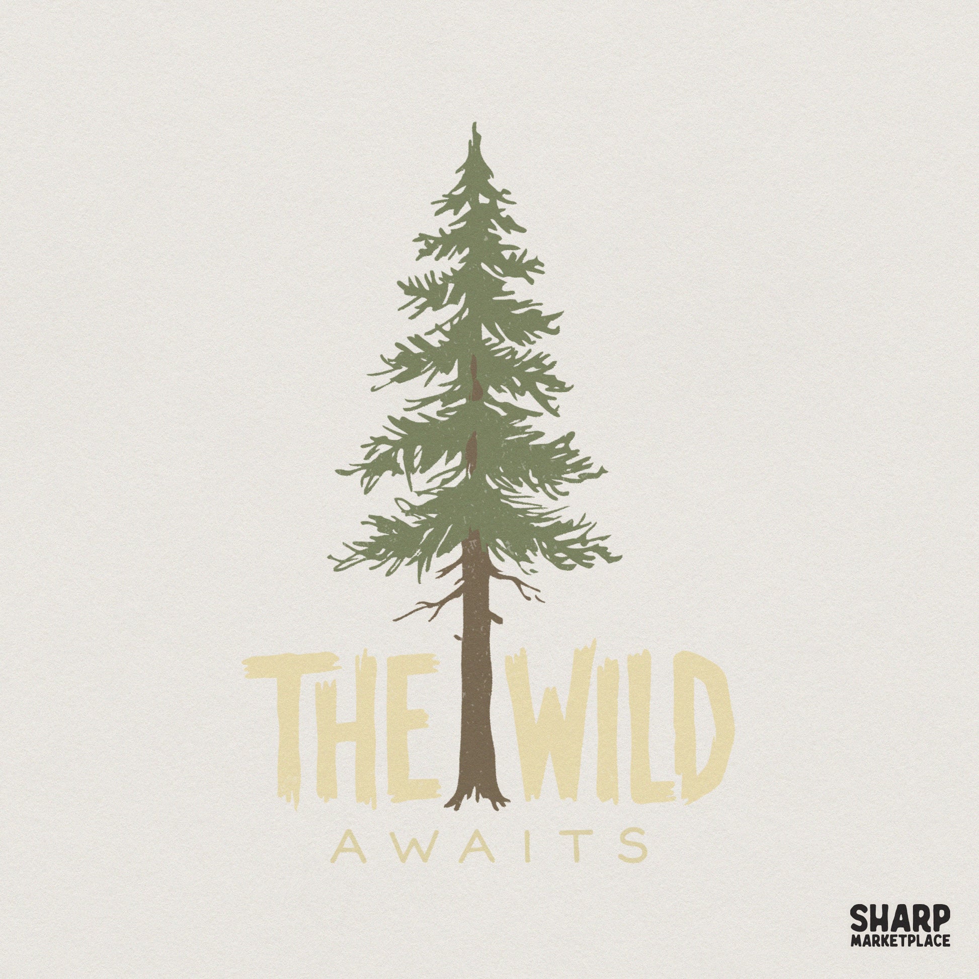 Rustic pine tree illustration with the text The Wild Awaits in a hand-painted cream font, perfect for nature-themed apparel and DIY projects.