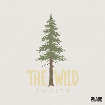Rustic pine tree illustration with the text The Wild Awaits in a hand-painted cream font, perfect for nature-themed apparel and DIY projects.