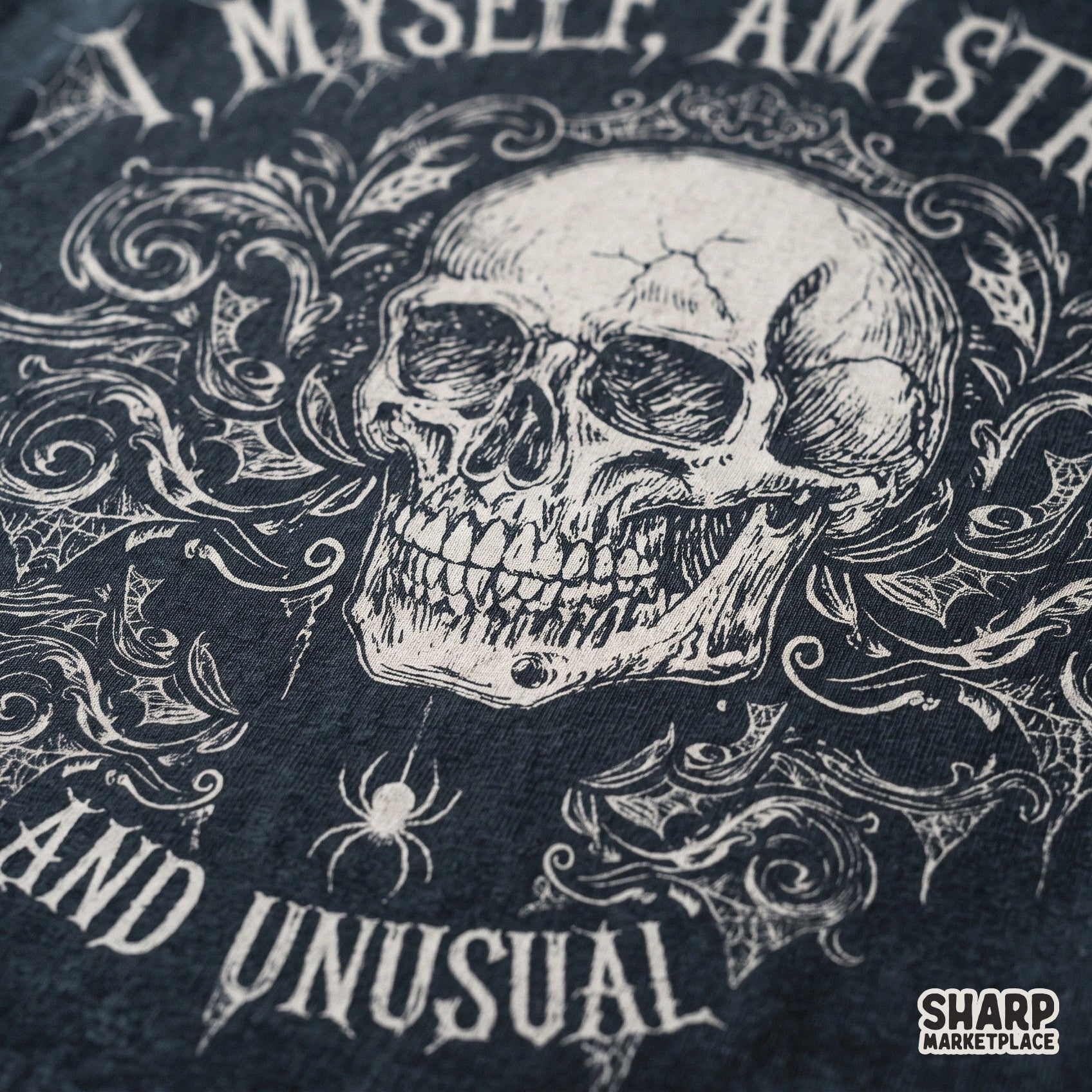 Ornate skull with spider web design and gothic horror movie quote for Halloween spooky season shirts and DIY crafts