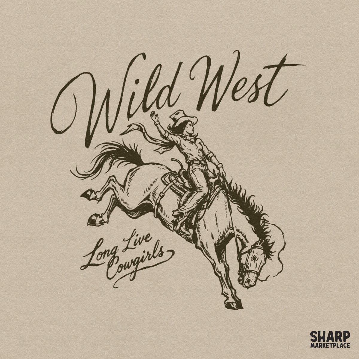 Distressed chocolate brown sketch of a bronc rider with the text Wild West and Long Live Cowgirls in elegant script for western apparel projects.