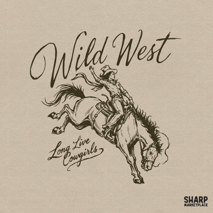 Distressed chocolate brown sketch of a bronc rider with the text Wild West and Long Live Cowgirls in elegant script for western apparel projects.