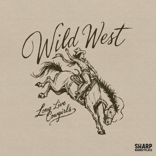Distressed chocolate brown sketch of a bronc rider with the text Wild West and Long Live Cowgirls in elegant script for western apparel projects.