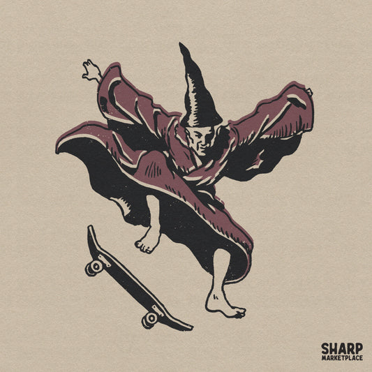 Retro skateboarding wizard doing a kickflip funny vintage illustration for sublimation shirts and stickers