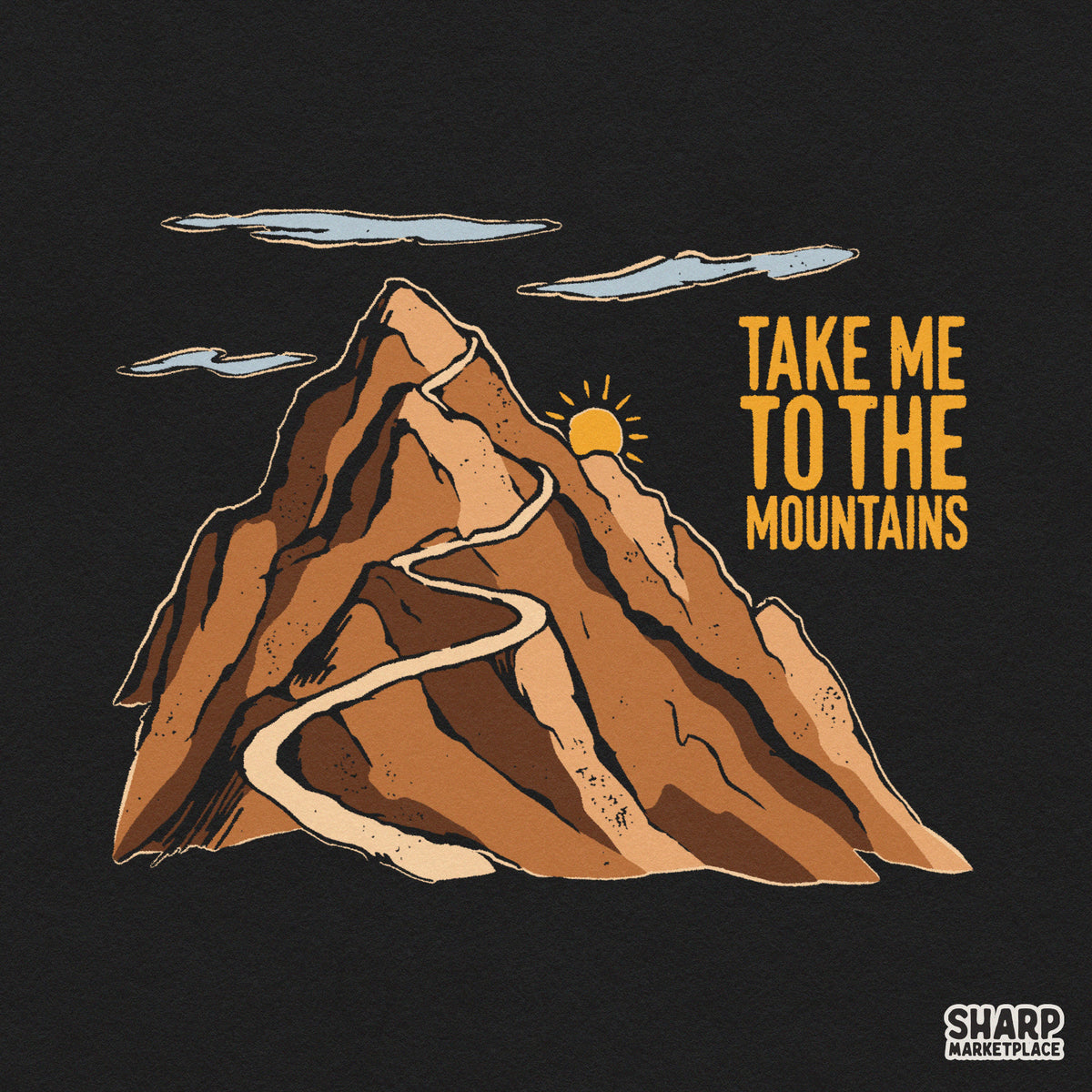 Hand drawn Take Me To The Mountains retro hiking PNG graphic perfect for outdoor adventure t-shirts