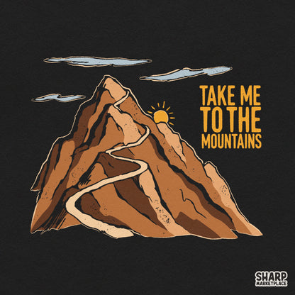 Hand drawn Take Me To The Mountains retro hiking PNG graphic perfect for outdoor adventure t-shirts