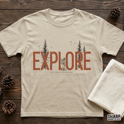Retro explore the great adventure camping PNG design with hiker in pine trees for outdoor lovers t-shirts