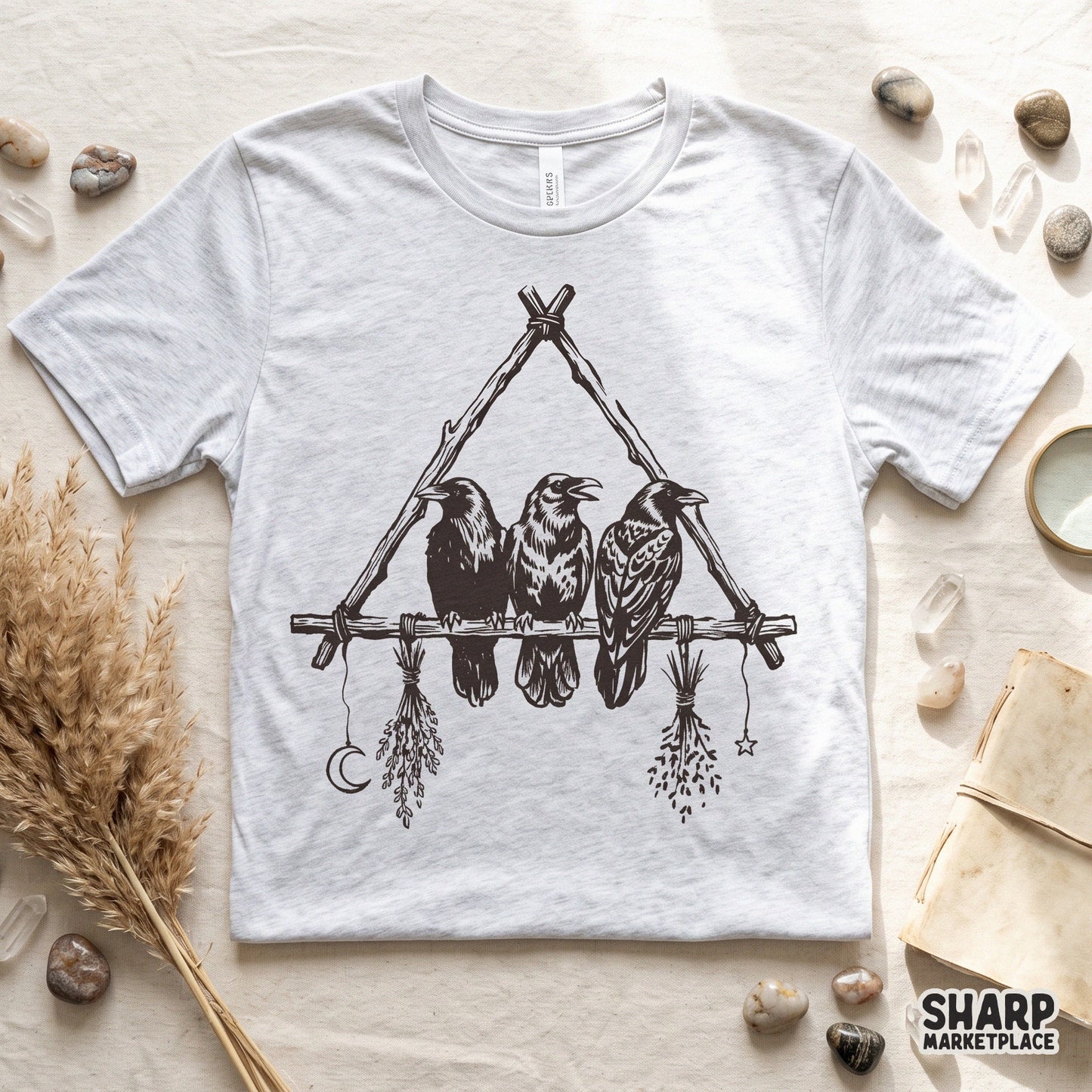 Mystic ravens on a gothic branch illustration for Halloween sublimation and dark academia pagan aesthetic art prints