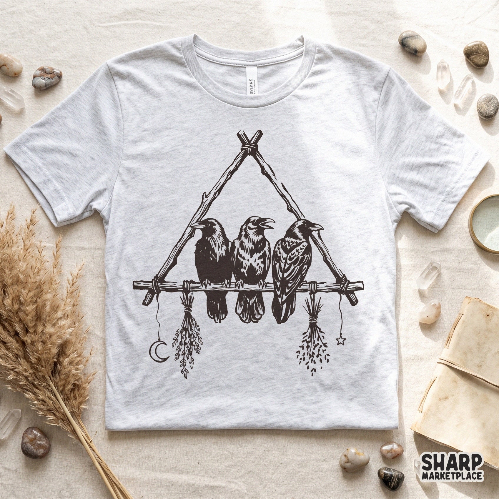 Mystic ravens on a gothic branch illustration for Halloween sublimation and dark academia pagan aesthetic art prints