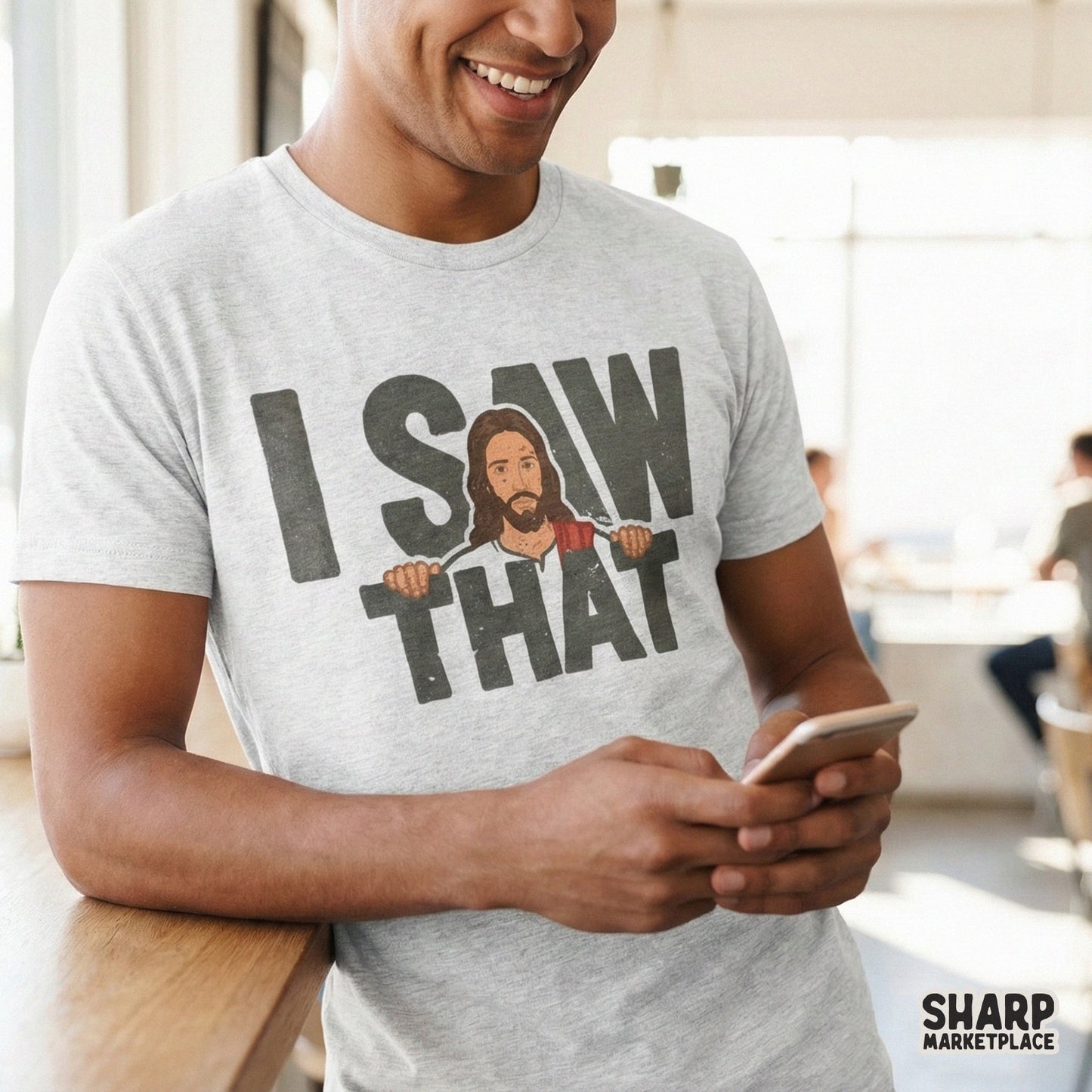 Sublimation-ready digital file with a witty Christian theme, showing a man in a white robe and red sash resting his hands on the text I Saw That.