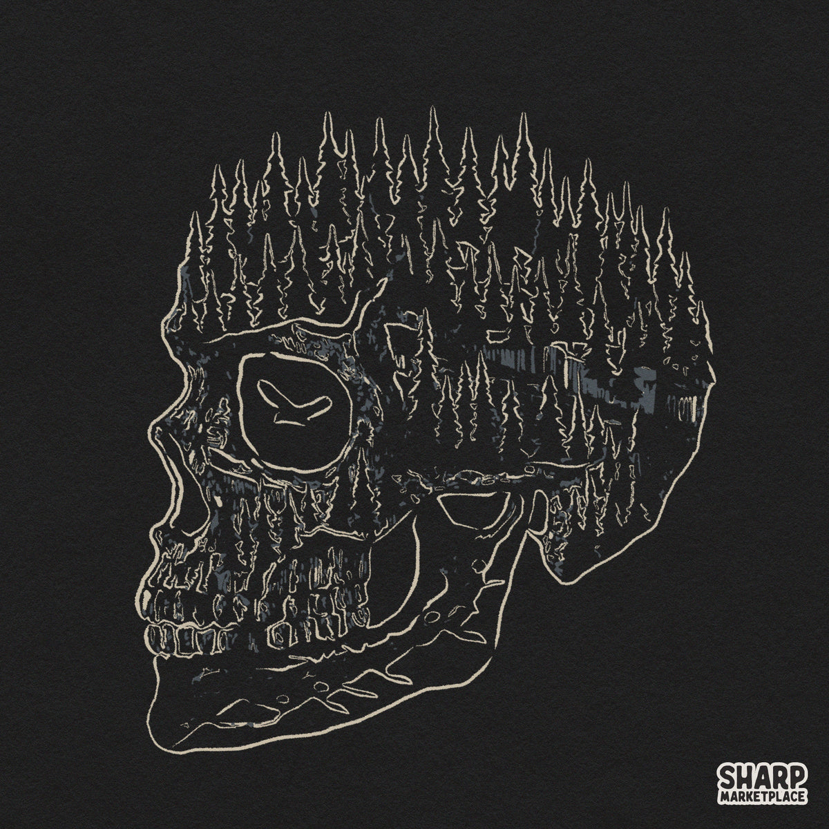 Forest silhouette inside skull profile with flying bird digital PNG for Halloween t-shirts and spooky season crafts