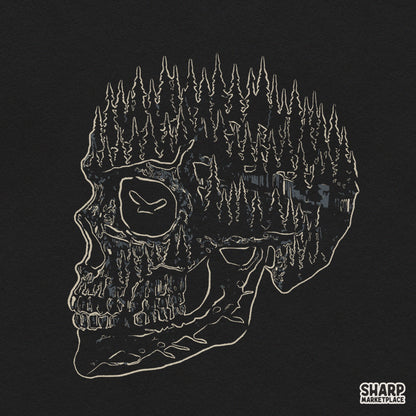 Forest silhouette inside skull profile with flying bird digital PNG for Halloween t-shirts and spooky season crafts