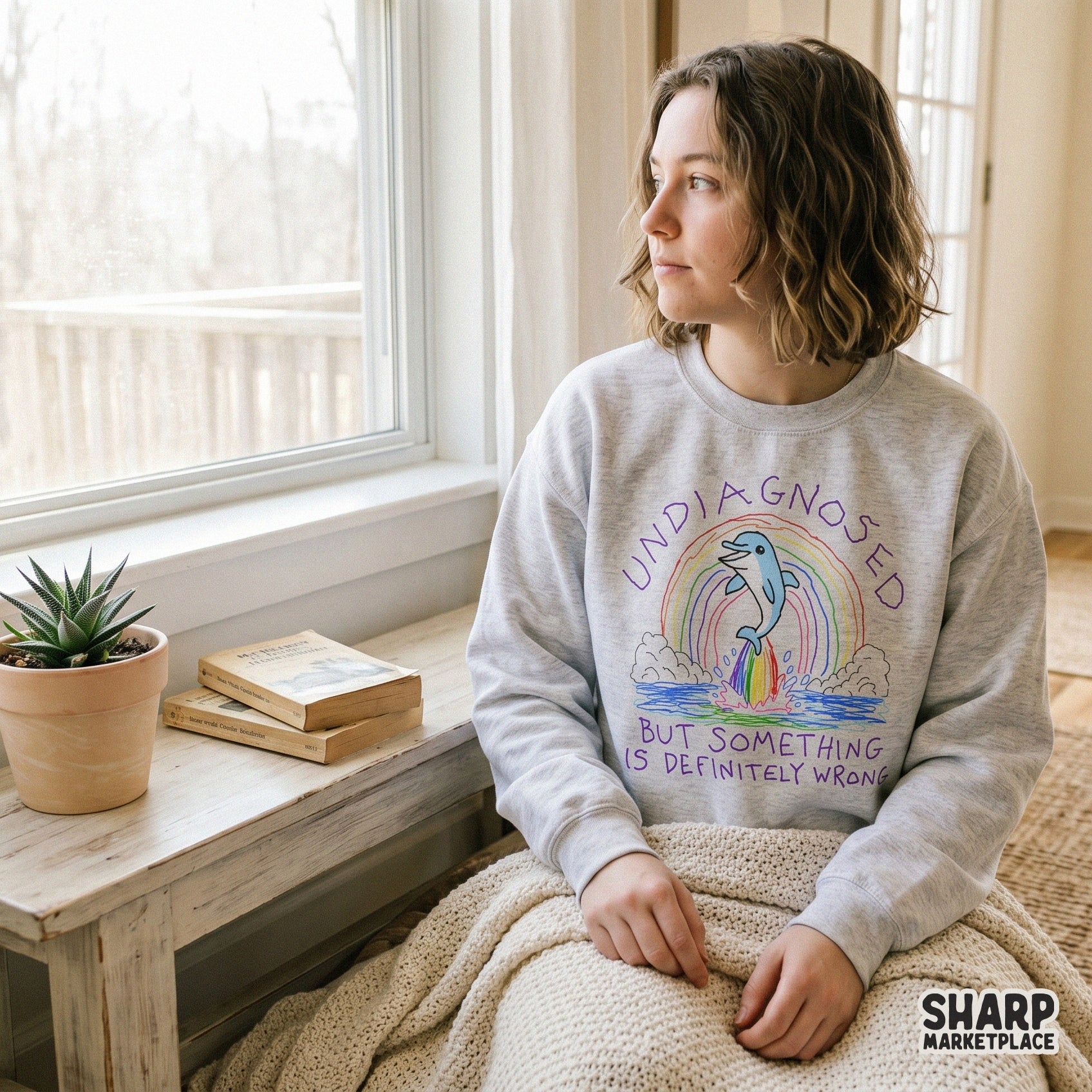 Retro style digital graphic of a rainbow dolphin with sarcastic text for apparel, sublimation transfers, and DIY craft projects.