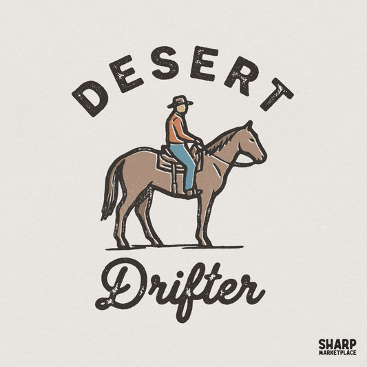 Vintage western design featuring a cowboy riding a horse with the text Desert Drifter in a distressed retro style for apparel printing.