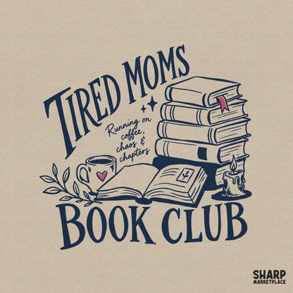 Retro navy blue line art design featuring a stack of books, a heart-adorned coffee mug, and a candle with the text Tired Moms Book Club and running on coffee