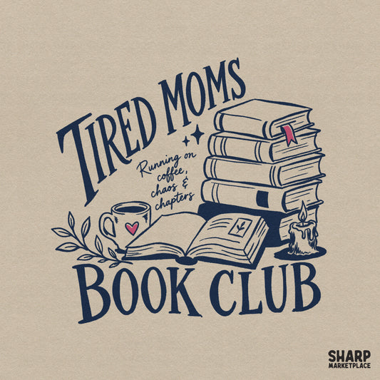 Retro navy blue line art design featuring a stack of books, a heart-adorned coffee mug, and a candle with the text Tired Moms Book Club and running on coffee